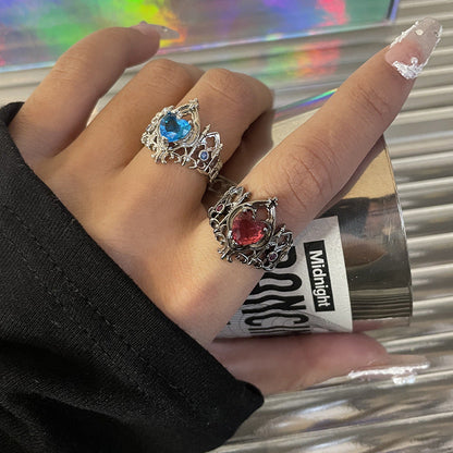 Red Blue Heart-Shaped Open Ring for Women