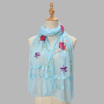 Double-layer Embroidery Flower Scarf Female Tassel