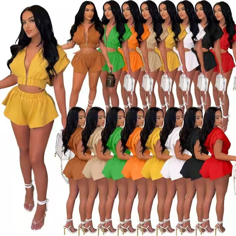 Hooded Zipper Short Sleeve Two-Piece Set
