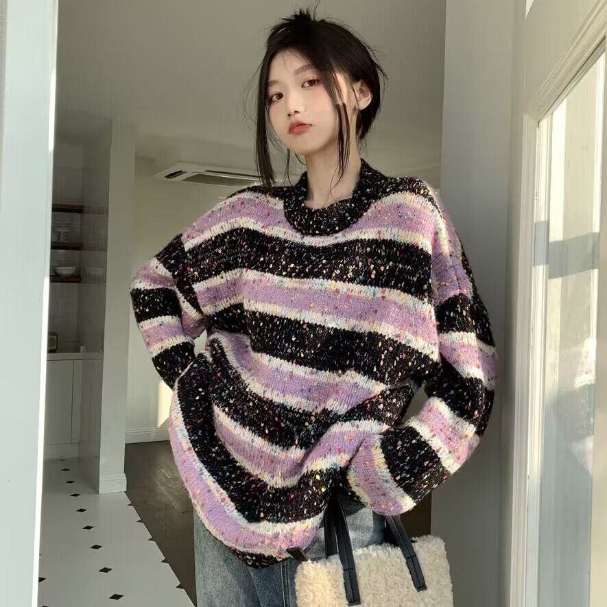 Retro Striped Round Neck Sweater