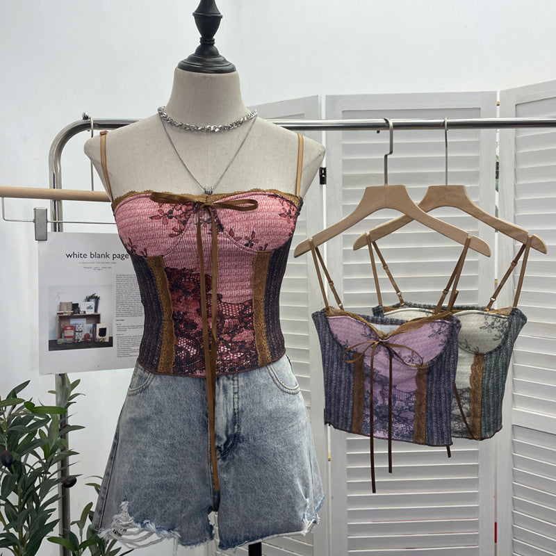 Vintage Ink Painting Lace-Up Tube Top with Chest Pad