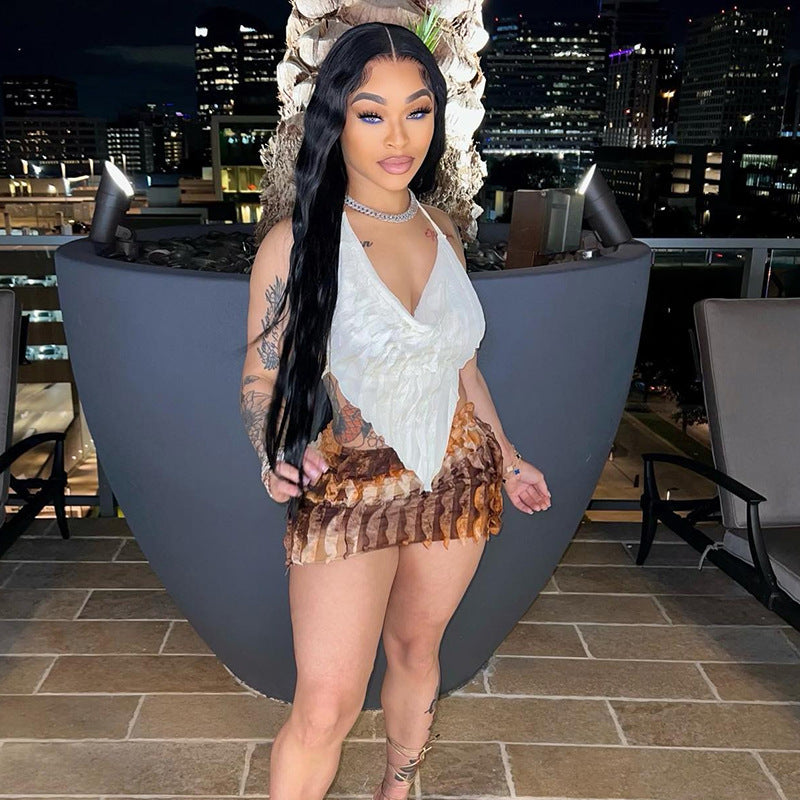 Wavy Stripes Halter Backless Skirt Set