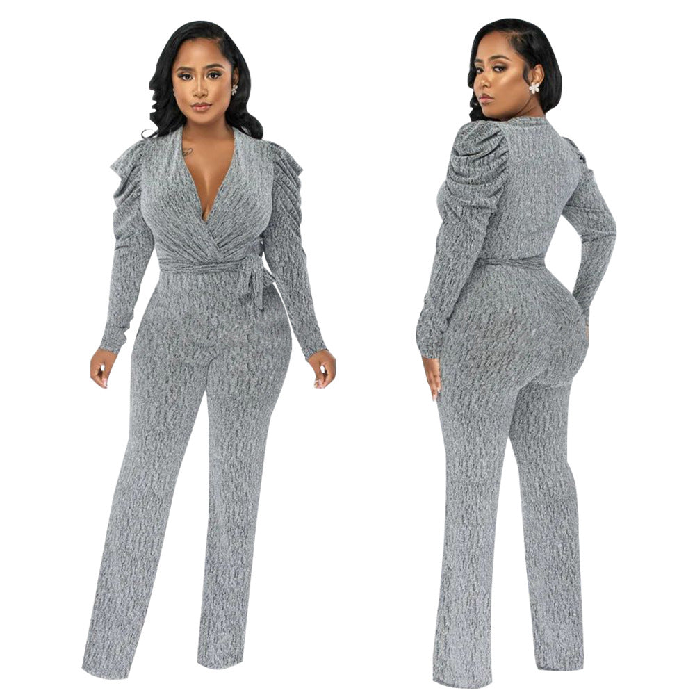 Sexy Waist Trimming V-neck Puff Sleeve Glossy Knitted Jumpsuit