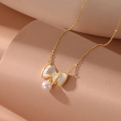 Bow Pearl Pendant Sterling Silver Necklace