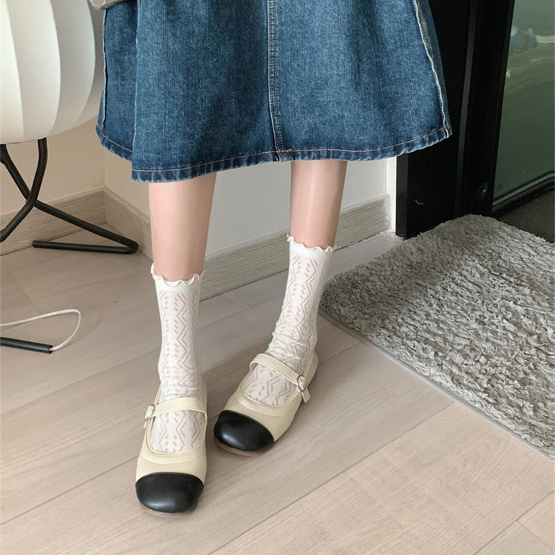Mesh Hollow Wooden Ear Mid-Calf Socks