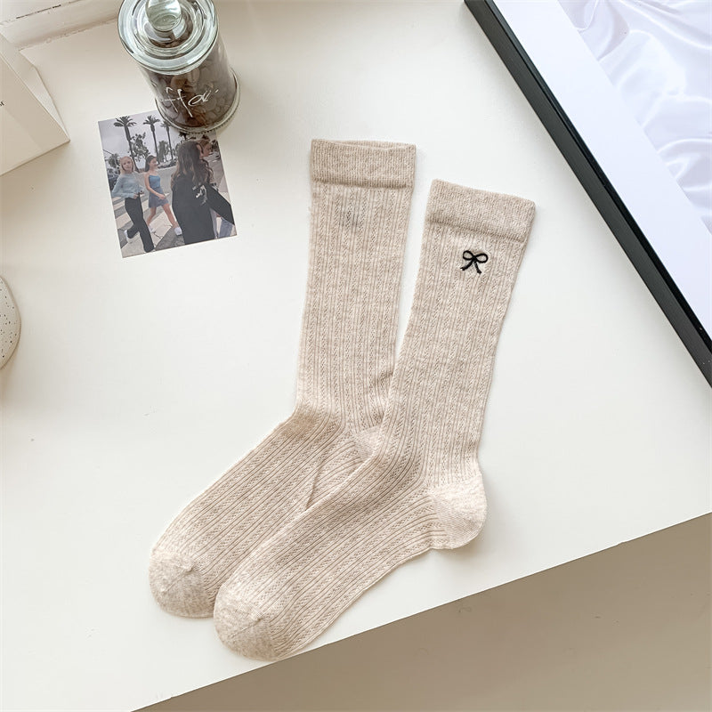 Bow Embroidery Hollow Thin Female Middle Tube Socks