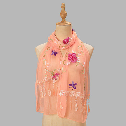 Double-layer Embroidery Flower Scarf Female Tassel