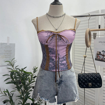 Vintage Ink Painting Lace-Up Tube Top with Chest Pad