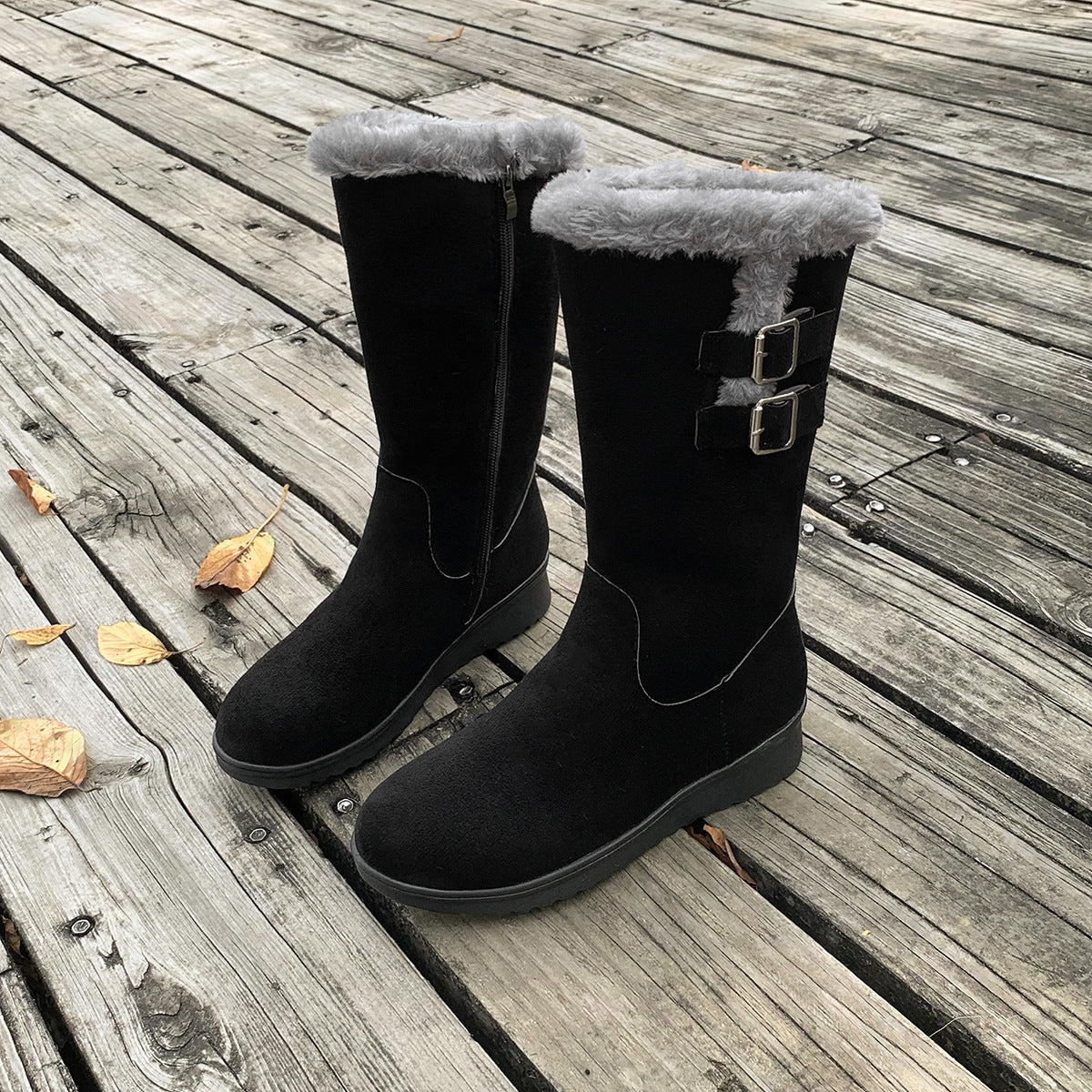 Fleece-lined Mid-calf Wedge Heel Martin Boots
