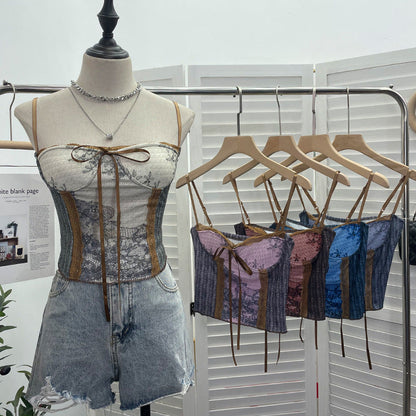 Vintage Ink Painting Lace-Up Tube Top with Chest Pad