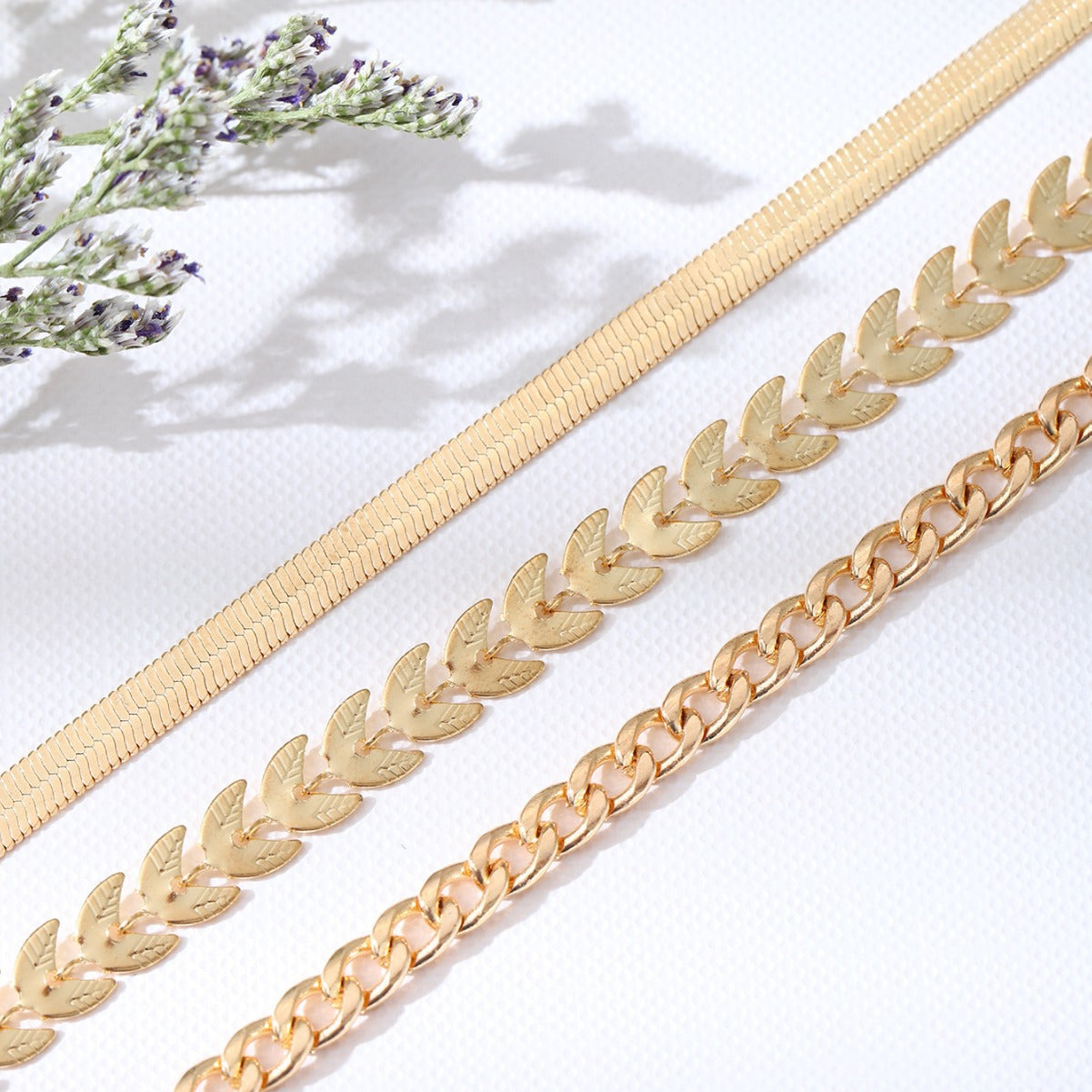 Flat Snake Wheat Chain Anklet Set