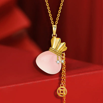 925 Silver Necklace with White Chalcedony Lucky Bag Pendant