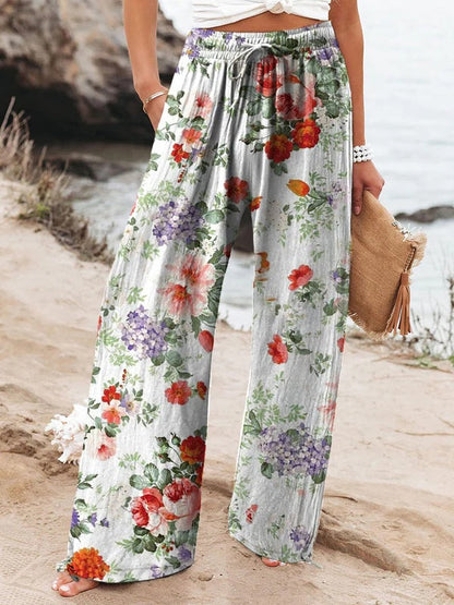 Fashionable Floral Art Printed Elastic Waist Drawstring Pocket Trousers