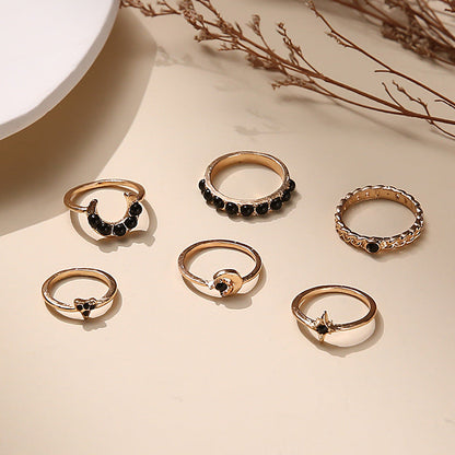 Black Gemstone Star Moon 6-piece Set Ring