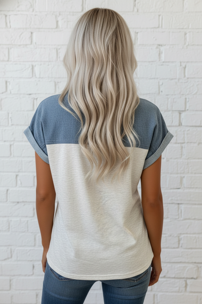 Colorblock Denim Patchwork Button Polo Top