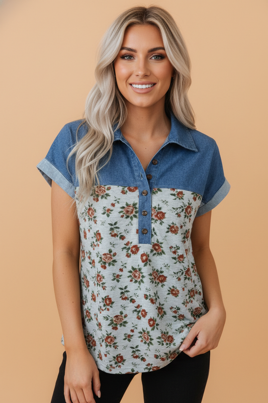 Floral Retro Denim Patchwork Button Collar Top