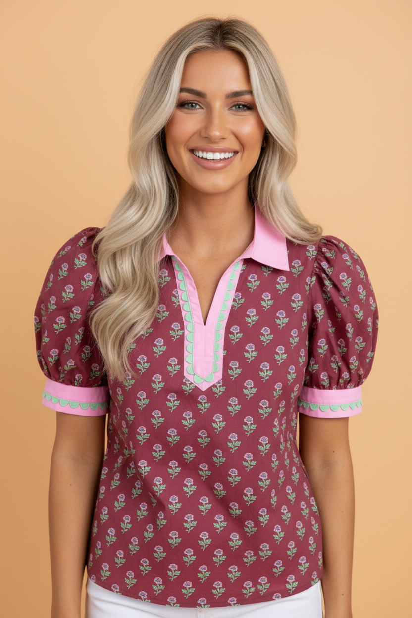 Floral Contrast Collar V-Neck Ricrac-Trim Blouse
