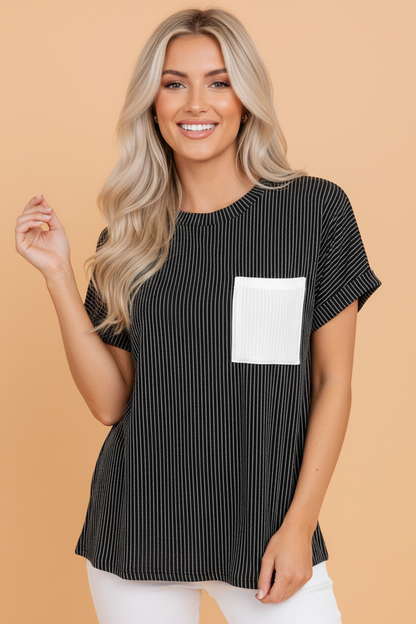 Corded Knit Colorblock Pocketed Crew Neck T-Shirt