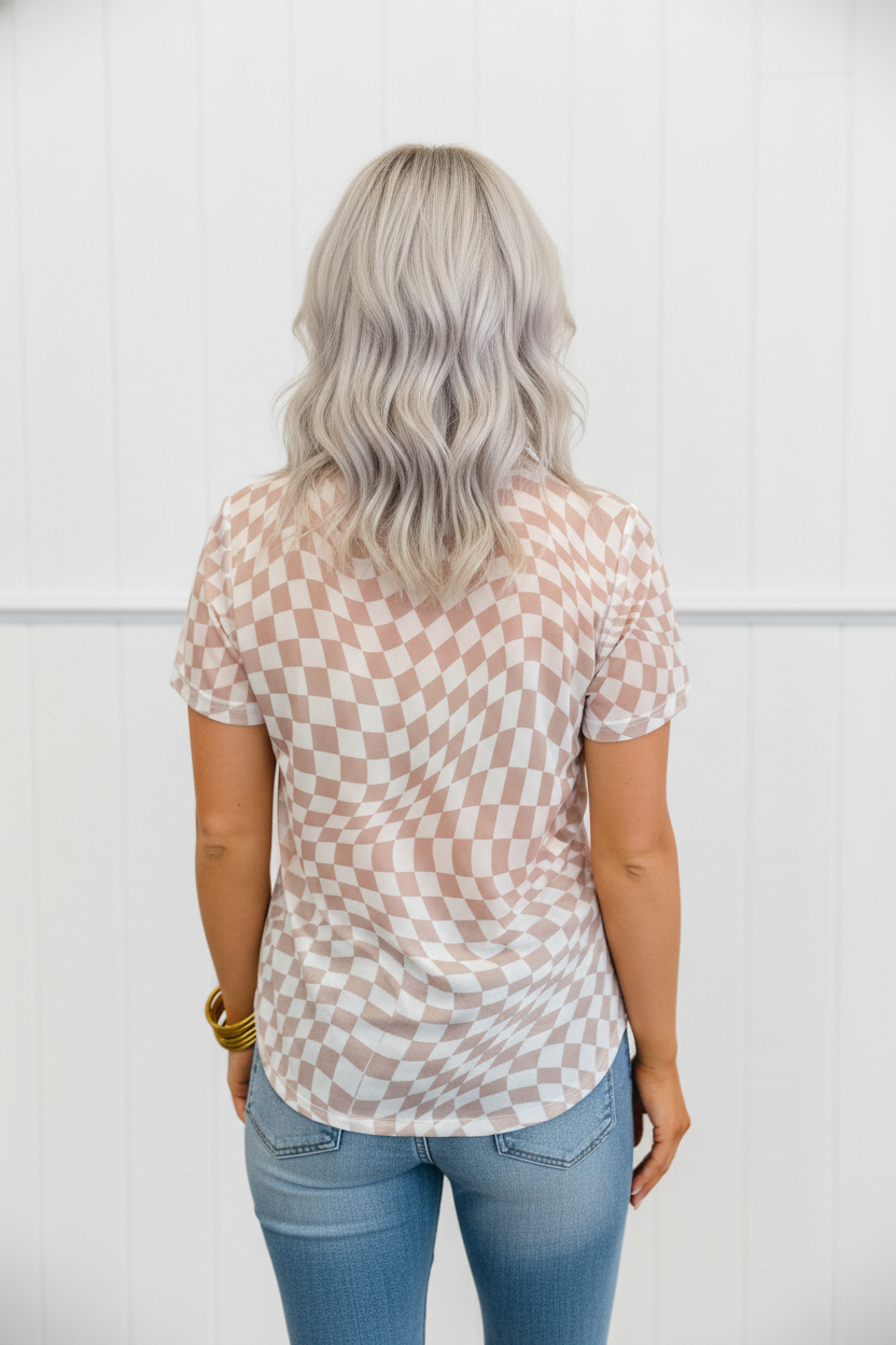 Checker Mock Neck Mesh Short Sleeve T-Shirt