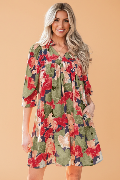 Floral Frill Collar V-Neck Half Sleeve Dress
