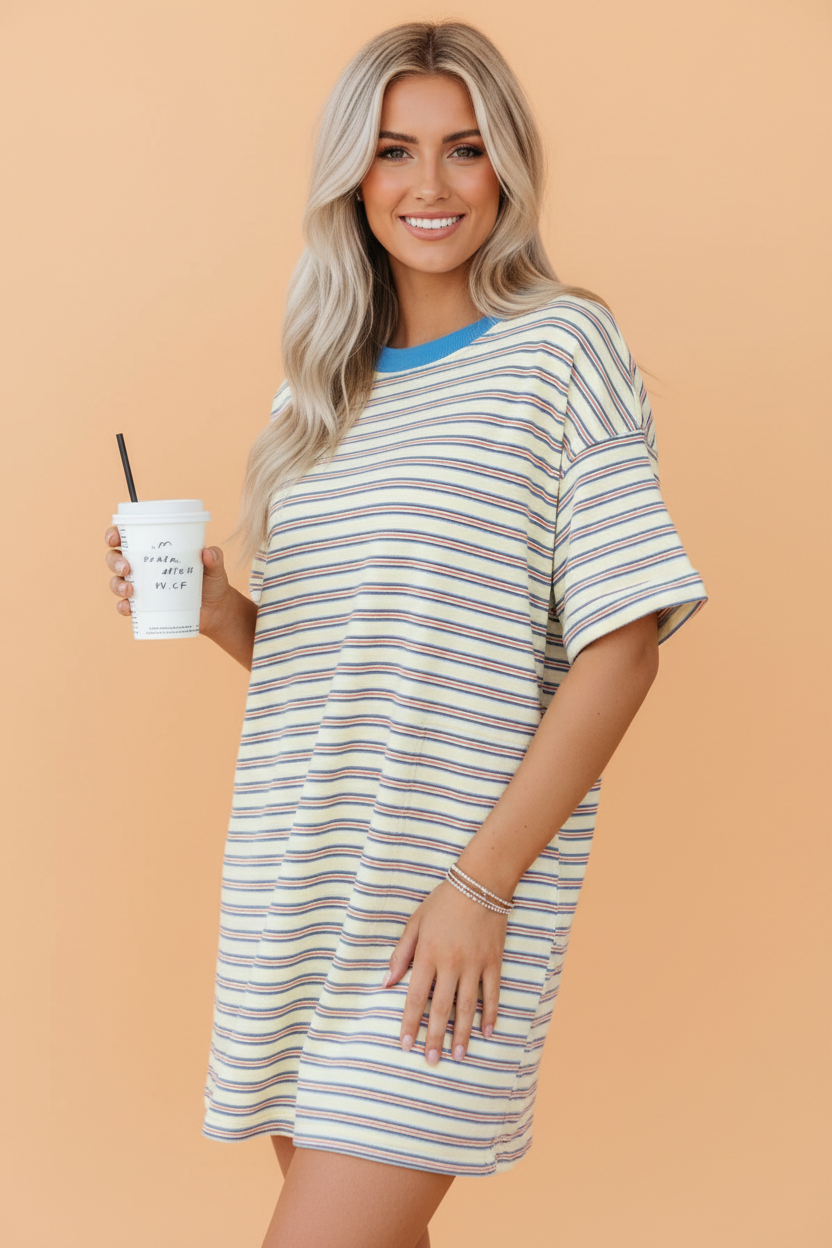 Stripe Drop-Shoulder Cuff-Sleeve Loose Tunic Dress