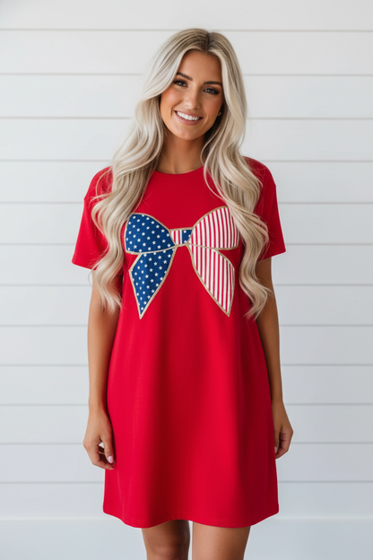 Sequin Trim Stars & Stripes Bow Mini Dress