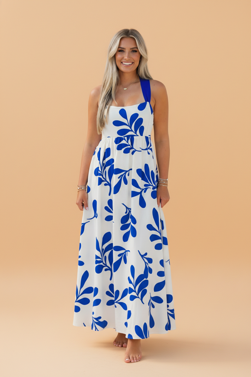Floral Crisscross Tie-Back Sleeveless Long Dres