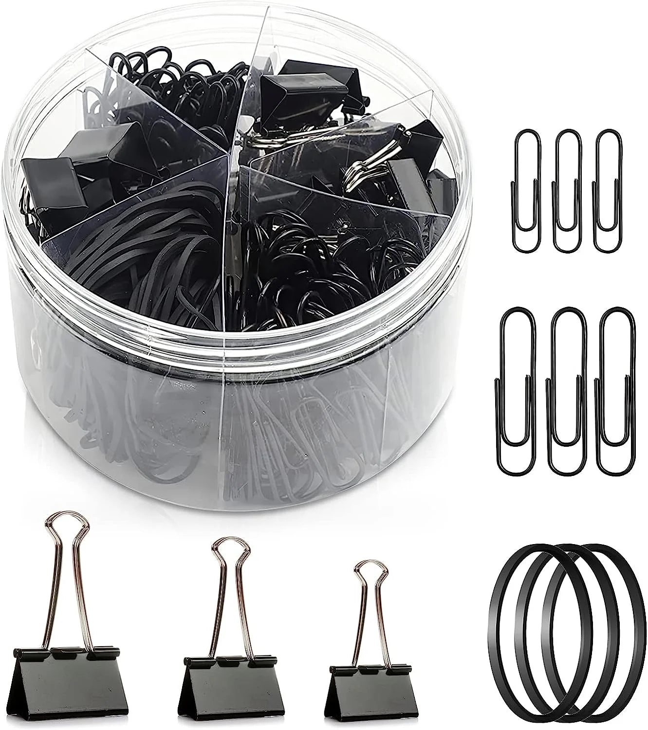 240pc Black Paper Clips, Rubber Band, Binder Clips Stationery Set