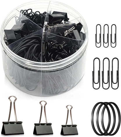 240pc Black Paper Clips, Rubber Band, Binder Clips Stationery Set