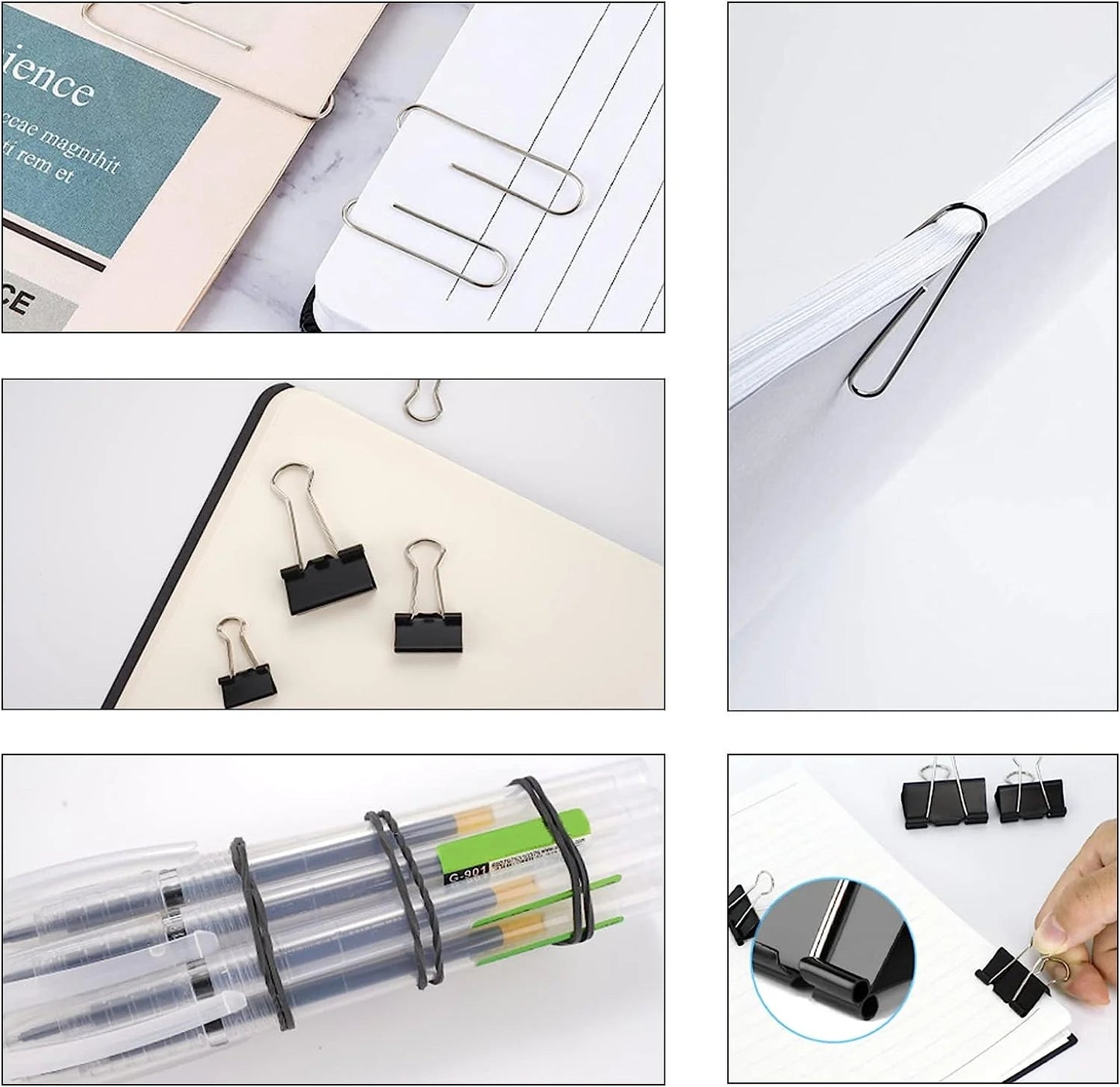 240pc Black Paper Clips, Rubber Band, Binder Clips Stationery Set