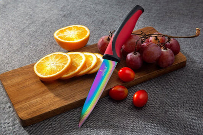 Steak Knife Set 4 Rainbow Titanium Coated Blades & Red Handles