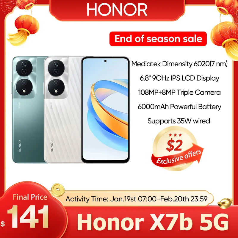 2024 HONOR X7b 5G Global Version Mediatek Dimensity 6020 6.8" 90Hz Refresh Rate Display 6000mAh Long Battery 108MP Triple Camera