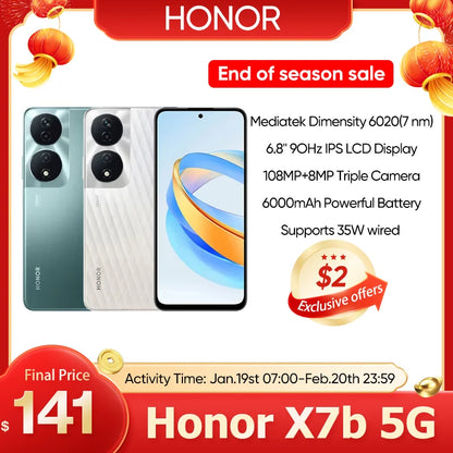 2024 HONOR X7b 5G Global Version Mediatek Dimensity 6020 6.8" 90Hz Refresh Rate Display 6000mAh Long Battery 108MP Triple Camera