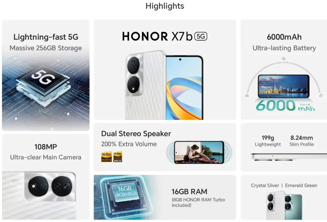 2024 HONOR X7b 5G Global Version Mediatek Dimensity 6020 6.8" 90Hz Refresh Rate Display 6000mAh Long Battery 108MP Triple Camera