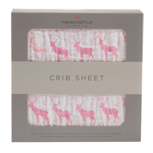 Pink Deer Cotton Muslin Crib Sheet