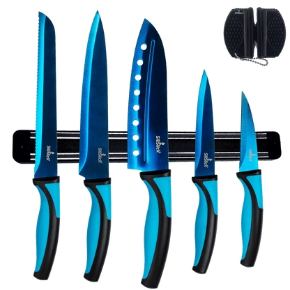 Kitchen Knife Set Kit & Black Magnetic Rack & sharpener