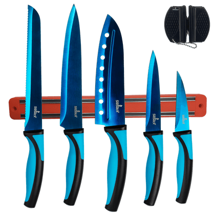 Kitchen Knife Set Kit | Red Magnetic Rack & Portable Sharpener