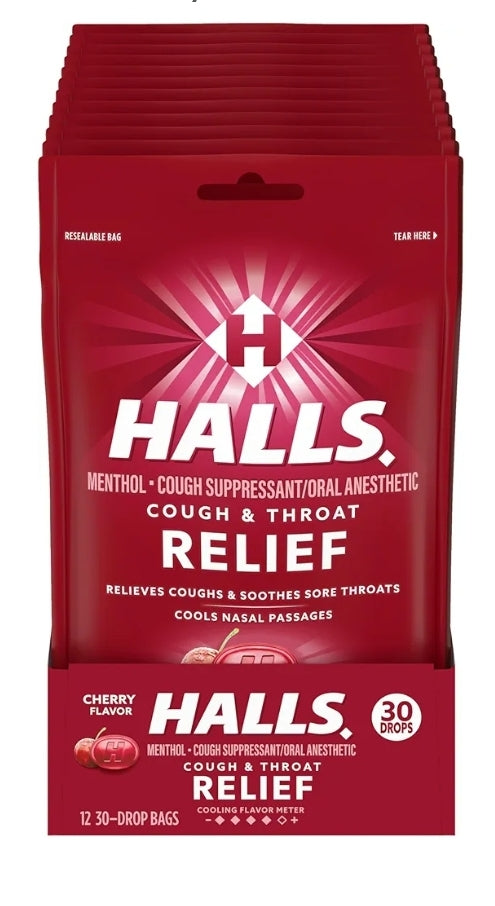 HALLS RELIEF COUGH & SORE THROATCHERRY 25 DROPS 12PACK