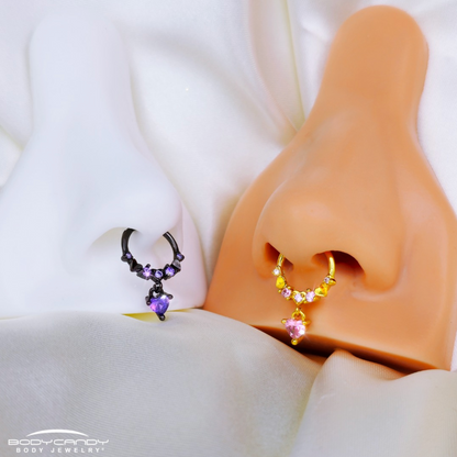 16G 3/8 Pink CZ Gem Gold Tone Love Heart Dangle Hinged Segment Ring