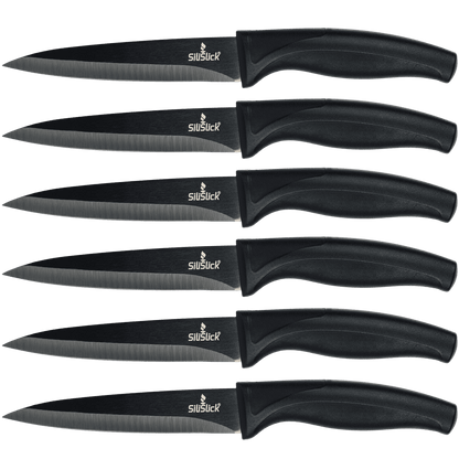 Steak Knife Set 6 Titanium Coated Black Handle, Black Blade