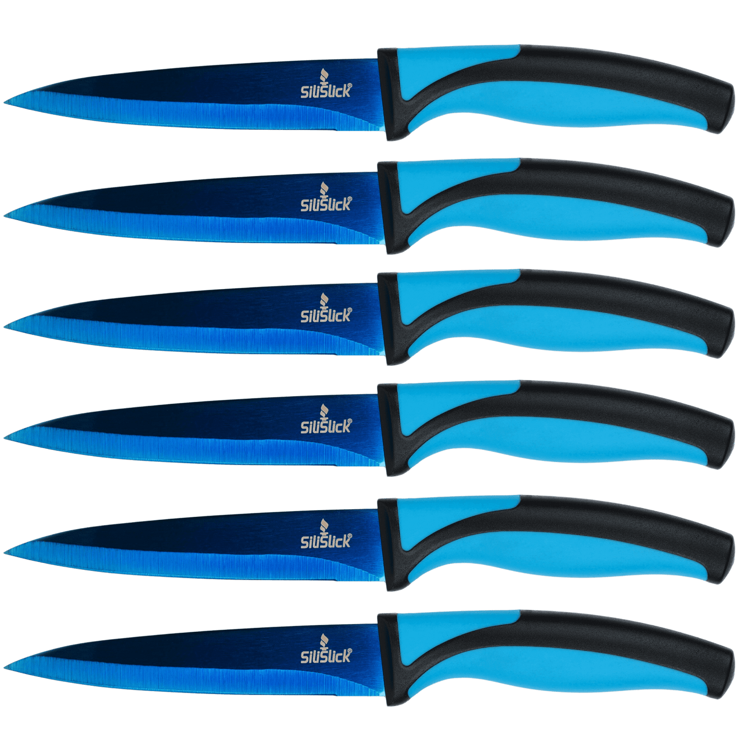 Steak Knife Set 6 Titanium Coated Blue Handle, Blue Blade