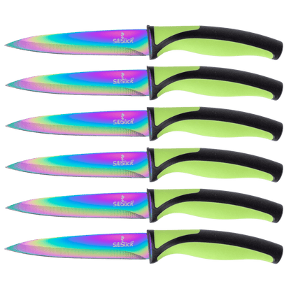 Steak Knife Set 6 Rainbow Titanium Coated Blades & Green Handles