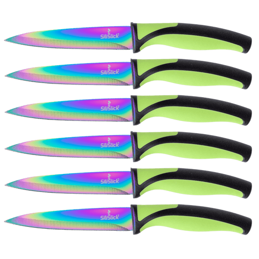 Steak Knife Set 6 Rainbow Titanium Coated Blades & Green Handles