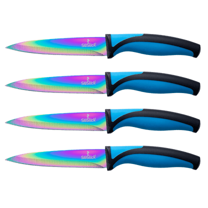 Steak Knife Set 4 Rainbow Titanium Coated Blades & Blue Handles