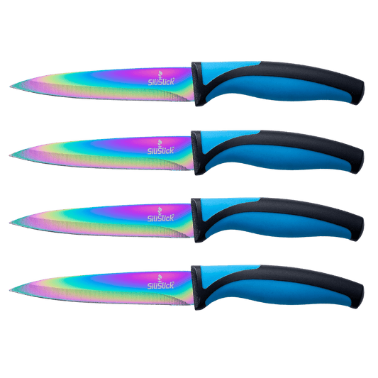 Steak Knife Set 4 Rainbow Titanium Coated Blades & Blue Handles