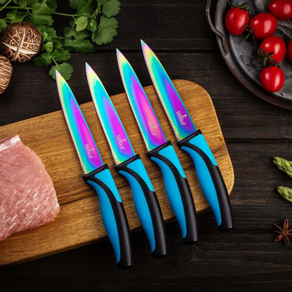 Steak Knife Set 4 Rainbow Titanium Coated Blades & Blue Handles