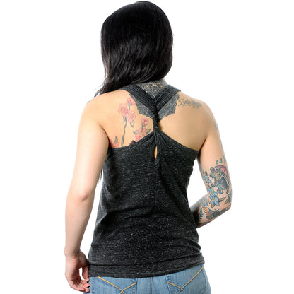 Hey Babe Black Gray Cosmic Twist Back Tank Top
