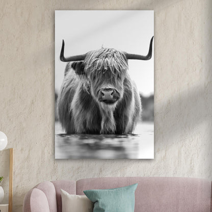 Grayscale Highland Cow Portrait Canvas Wall Art