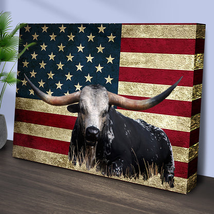 Longhorn Cattle American Flag Canvas Wall Art