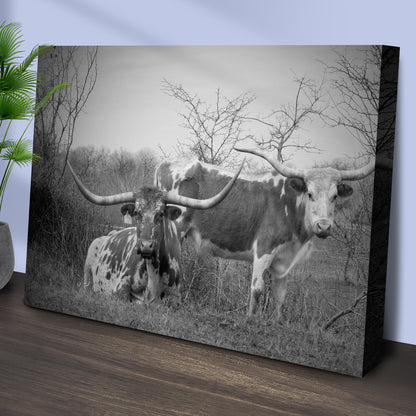 Monochrome Texas Longhorn Cattle Canvas Wall Art
